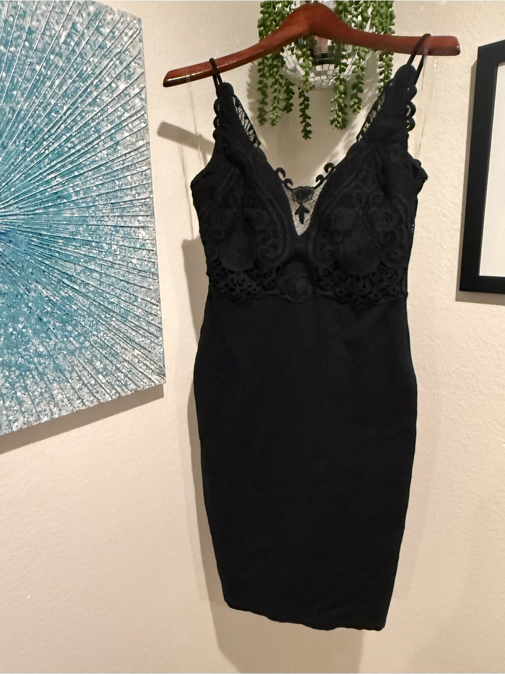 Crystal Doll Black Lace Midi Dress with Scalloped Straps